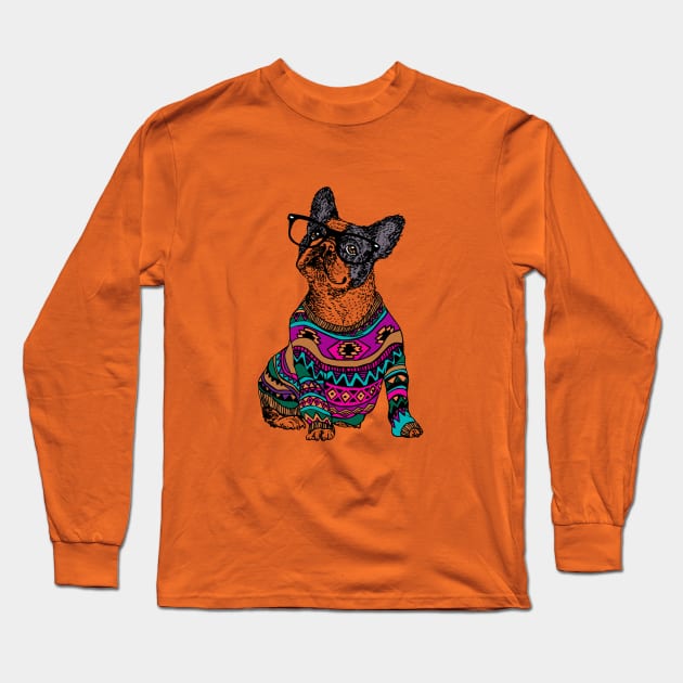 hipster frenchie Long Sleeve T-Shirt by huebucket